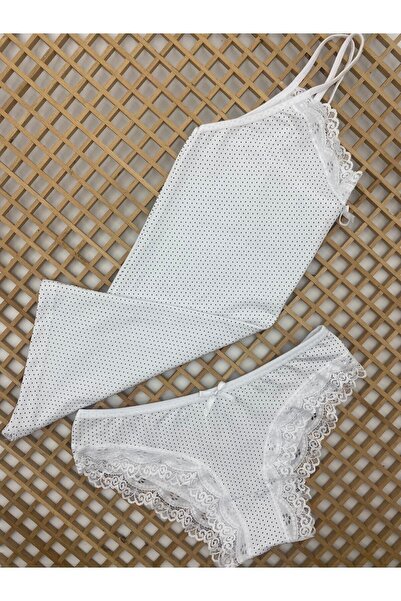 DONLİZZA Beyaz, Puantiyeli Dantelli Bikinili Takım