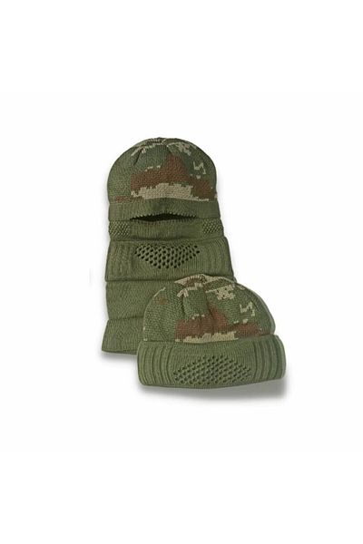 Motiva Autumn Winter Knitwear Knit Camouflage Green Beret Full Snow Mask 2 in 1