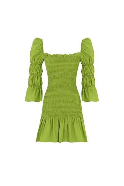 Whenever Company Yeşil Uzun Balon Kollu Büzgülü Mini Elbise