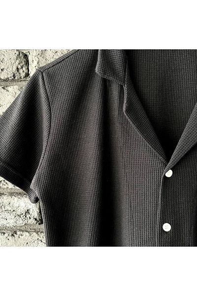 tetramoda Waffle Patterned Black Short Sleeve Shirt and Shorts Set