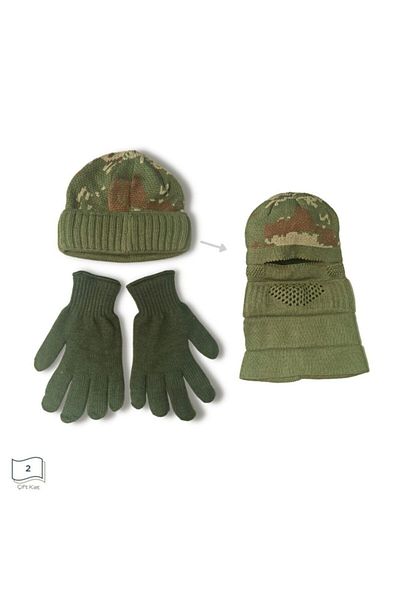 Motiva Khaki Green Gloves and Camouflage Beanie - Autumn Winter Knitwear Knit 2 in 1 Set