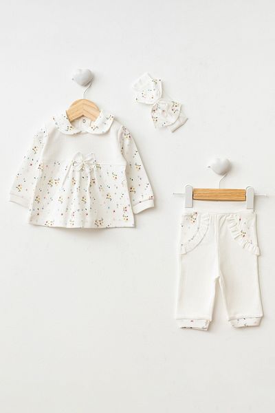 Cocopoco Baby Collar Girl 3 Piece Set - 100% Cotton, Floral Pattern, Ruffle and Bandana