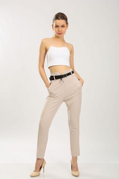 Bluence Ecru Slim Waist Belted Skinny Leg Παντελόνι