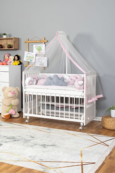 Bamgidoo Ahşap Beşik Anne Yanı Beşik Beyaz 60x120 - Pembe Beyaz Örgü Uyku Set...