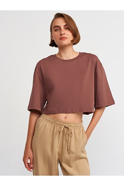 Dilvin 30148 Crop Crew Neck Tshirt-Καφέ