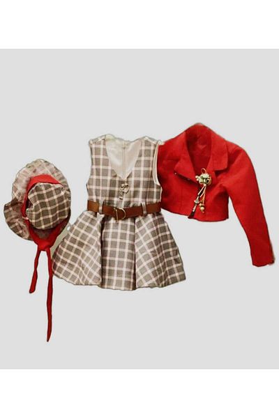 elfanto kıds Girl's Set 5 Pieces - Woven Lined Dress, Jacket, Belt and Brooch Hat