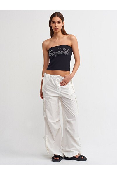 Dilvin 20668 Taş Baskılı Crop Top-Siyah