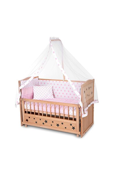 Bamgidoo Ahşap Beşik Anne Yanı Beşik Organik (BOYASIZ) 60x120 - Pembe Yıldız ...