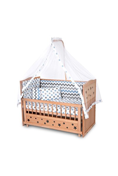 Bamgidoo Ahşap Beşik Anne Yanı Beşik Organik (BOYASIZ) 60x120 - Mavi Yıldız Ç...