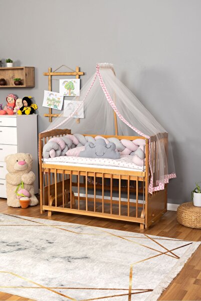 Bamgidoo Ahşap Beşik Anne Yanı Beşik Vernikli 60x120 - Pembe Gri Örgü Uyku Se...