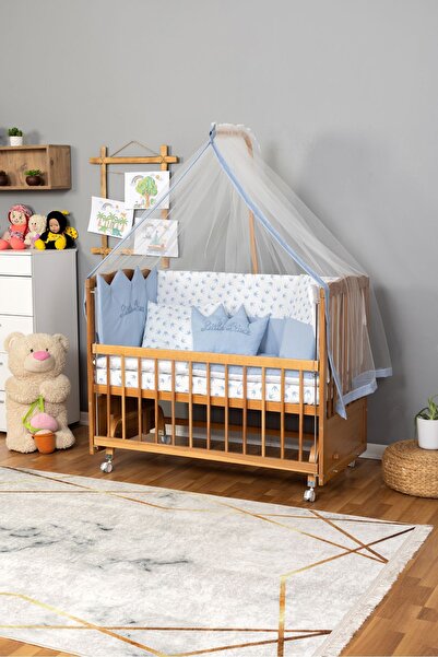 Bamgidoo Ahşap Beşik Anne Yanı Beşik (Vernikli) 60x120 - Mavi Nakış Uyku Seti + Yatak + Tekerlekli