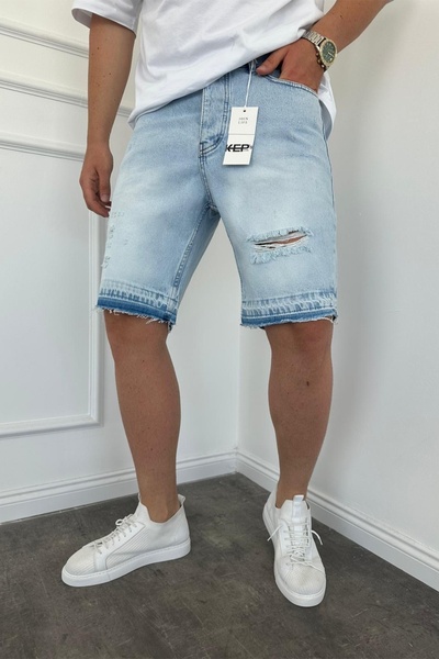 MADZEYMODA Ανδρικό τζιν σορτς με λεπτομέρεια σε μπλε σκισμένο πάγο