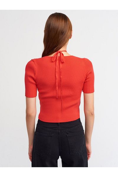 Dilvin 10293 Short Sleeve Sweater with Ring on the Front - red