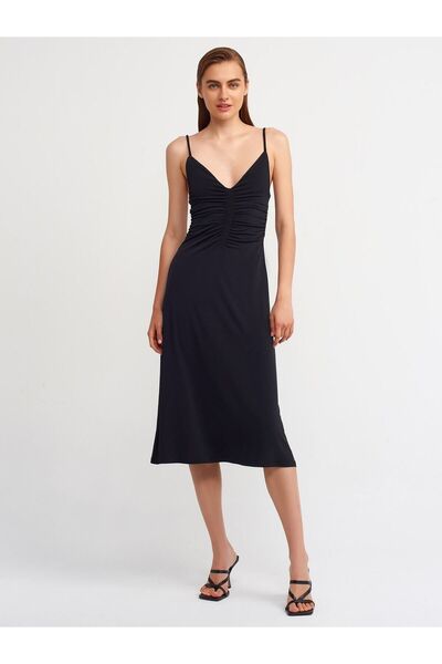 Dilvin 90342 Дълга рокля с набори - черна