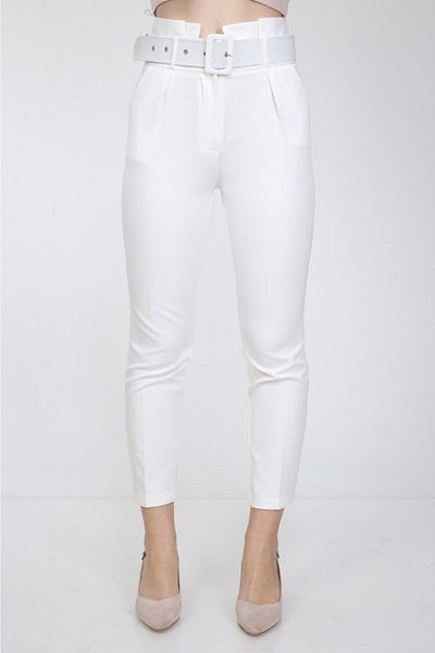 Bluence Pantaloni albi din material subțire cu centură în talie