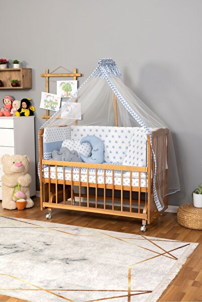 Bamgidoo Ahşap Beşik Anne Yanı Beşik (Vernikli) 60x120 - Mavi Yıldız 3 Yastık...