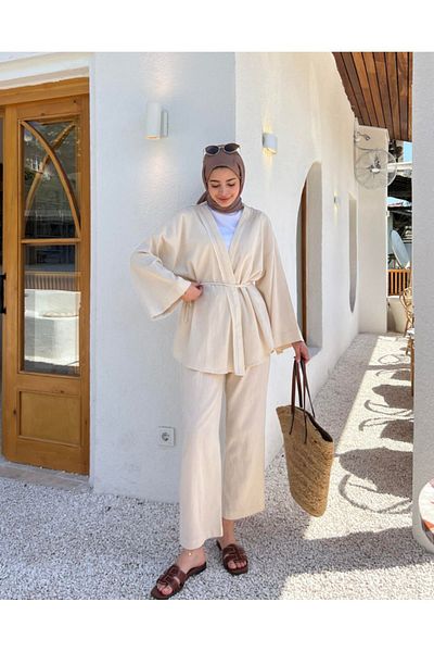 My Blog Leinen-Kimono-Set – 100 % Baumwolle, Steindetails und seitlich gebunden