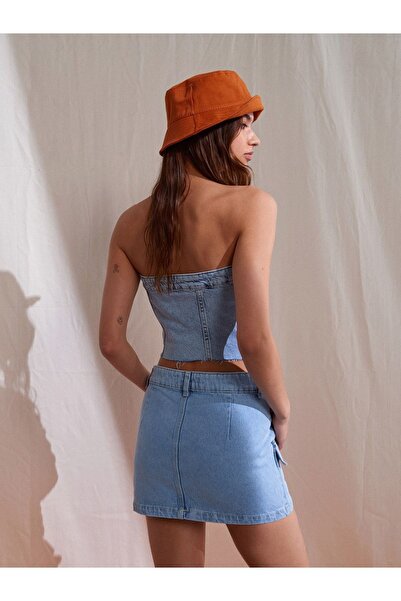 Dilvin 80537 Önü Cepli Mini Denim Etek-Mavi