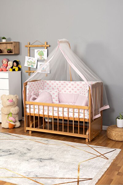 Bamgidoo Ahşap Beşik Anne Yanı Beşik Doğal (VERNİKLİ) 60x120 - Pembe Balina U...