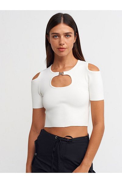 Dilvin 10378 Crew Neck Low-cut Short Sleeve Sweater Blouse-Ecru