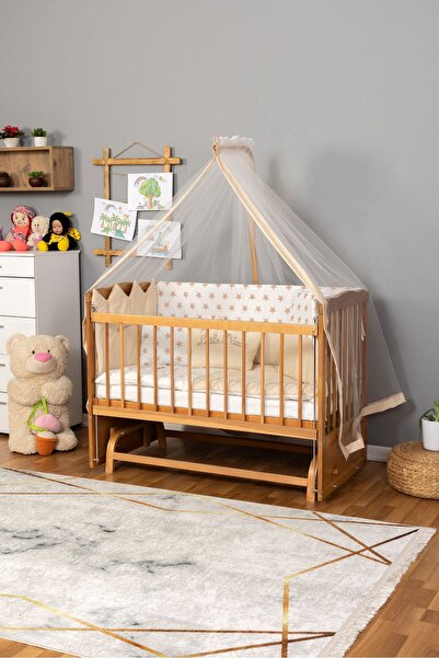 Bamgidoo Ahşap Beşik Anne Yanı Beşik (Vernikli) 60x120 - Krem Nakış(Erkek) Uyku Seti + Yatak