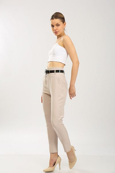 Bluence Ecru Slim Waist Belted Skinny Leg Παντελόνι