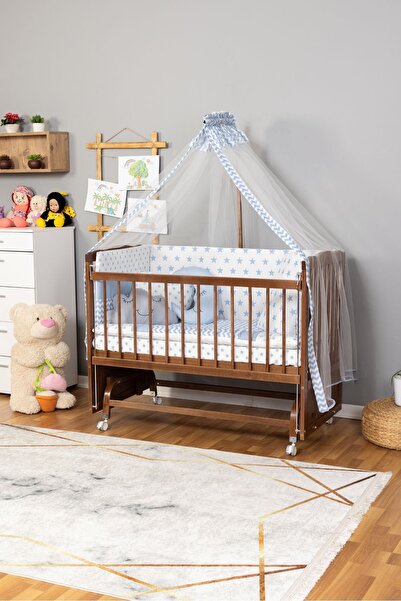 Bamgidoo Ahşap Beşik Anne Yanı Beşik Ceviz 60x120 Mavi Yıldız Uyku Seti Yatak Tekerlekli