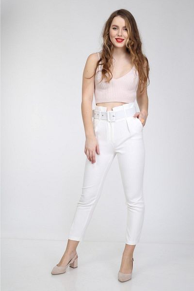 Bluence Pantaloni albi din material subțire cu centură în talie