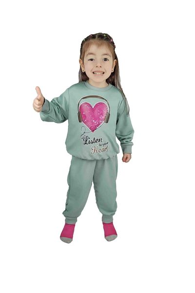 Bluence Girl's Green Printed Cotton Tracksuit Set