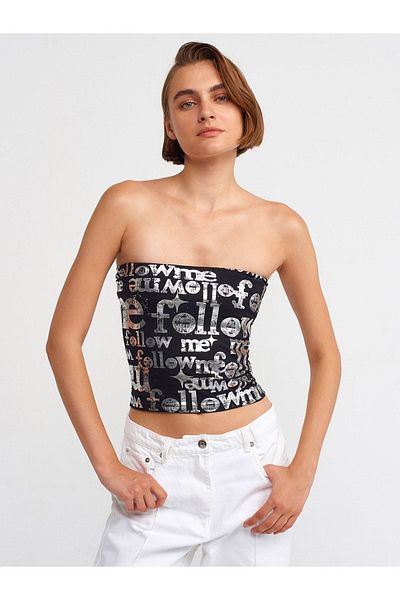 Dilvin 20695 Crop Top imprimat-Negru