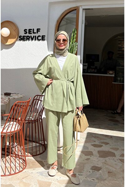 My Blog Khakifarbenes Kimono-Set aus 100 % Baumwolle mit detailliertem seitli...