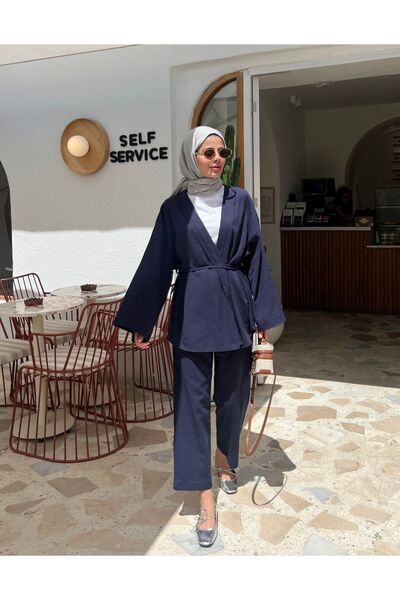 My Blog Sötétkék részletes 100% vászon kimonó készlet - oldalkötő