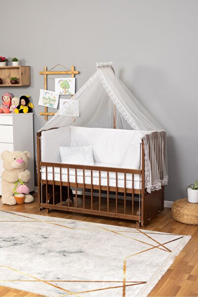 Bamgidoo Ahşap Beşik Anne Yanı Beşik Ceviz 60x120 - Beyaz Güpür Uyku Seti + Y...