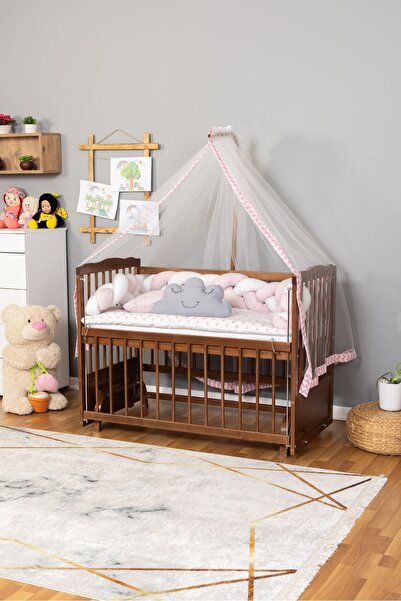 Bamgidoo Ahşap Beşik Anne Yanı Beşik Ceviz 60x120 - Pembe Beyaz Örgü Uyku Set...