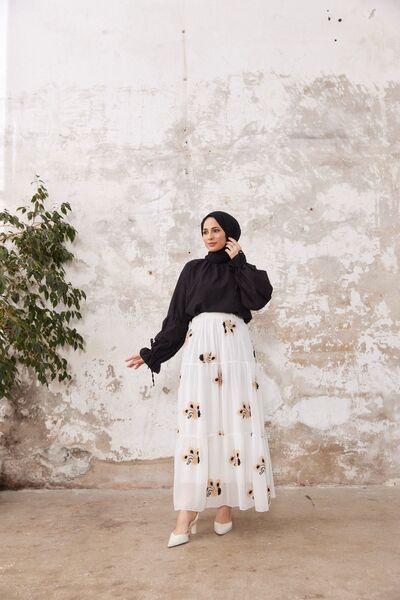 She Olive Φούστα από σιφόν με κέντημα χιτζάμπ - μαύρη