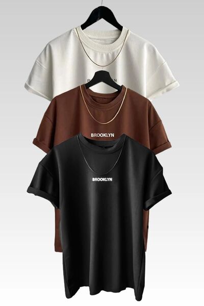 SeusCraft 3-pack Brooklyn T-Shirt - Λευκό Καφέ Μαύρο με στάμπα Oversize Καλοκ...