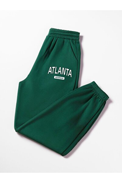 Trendglow Atlanta Sweatpants Jogger - Nefti Green Printed Rubber Leg High Waist Winter