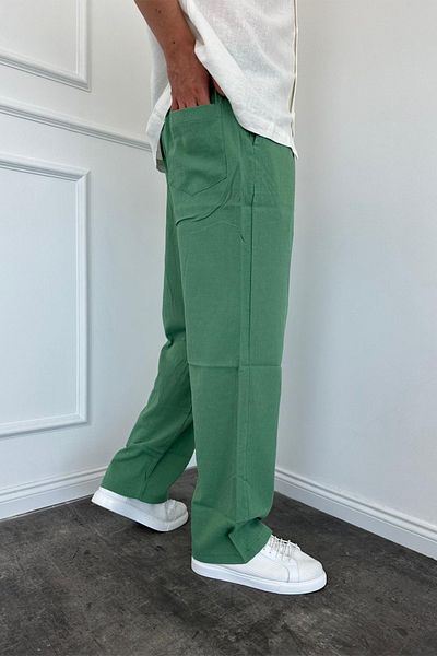 MADZEYMODA Green Wrinkled Fabric - Ανδρικό φαρδύ παντελόνι με φαρδιά εφαρμογή