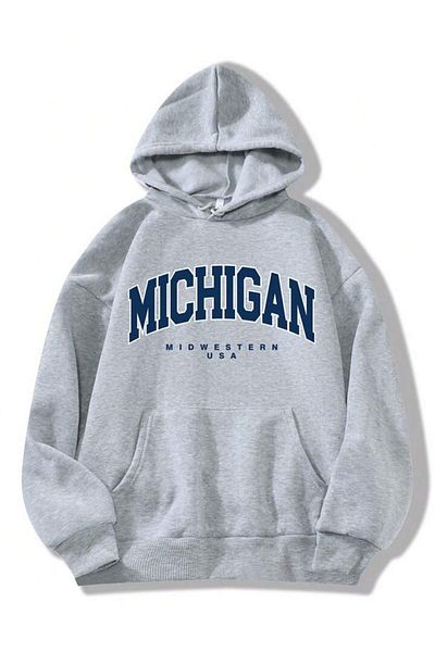 modaberry Суитшърт Michigan - Сив, с щампа и дебела качулка