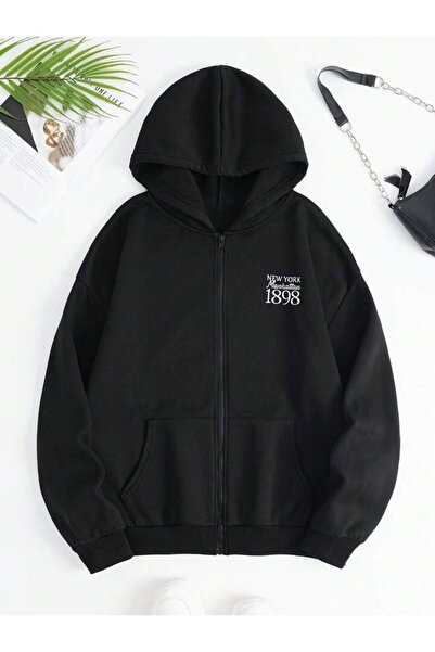 modaberry 1898 New York Sweatshirt Zippered Cardigan - Black Printed Oversize...