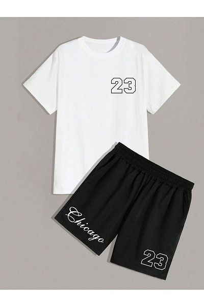 SeusCraft 23 Chicago T-Shirt Shorts - White Black Bottom Top Team Shorts T-Shirt Combo Printed Crew Neck