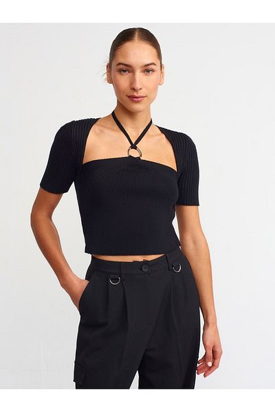 Dilvin 10293 Pulover cu mânecă scurtă cu buclă în față-negru