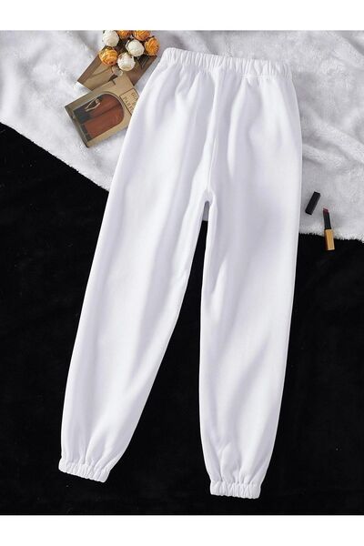 Trendglow Απλό Βασικό Φούτερ Παντελόνι Jogger - Λευκό Λαστιχένιο Πόδι Ψηλόμεσο Χειμερινό