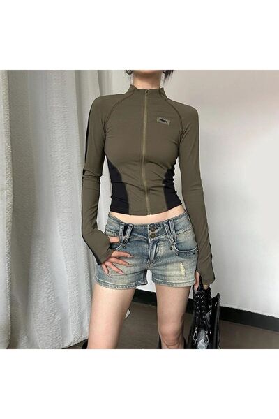 Köstebek Khaki Black Zippered High Collar Half Body