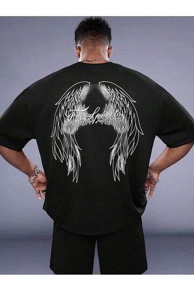 modaberry Free Spirit Wings T-Shirt Shorts - Black Shorts T-Shirt Bottom Top Set Printed Crew Neck