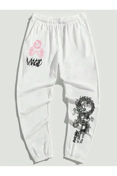 Trendglow Φούτερ Magic Dragon Jogger - Λευκό εμπριμέ ελαστικό χειμερινό ψηλόμεσο