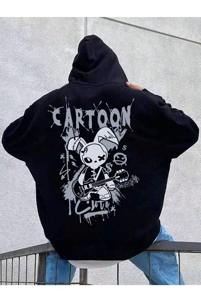 modaberry Ζακέτα με φερμουάρ - Μαύρη στάμπα Unisex Oversize Τσέπη Χειμερινή κουκούλα