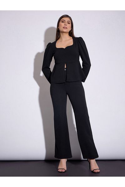Sassafras By Styli Sweetheart Neck Peplum Top with Front Slit