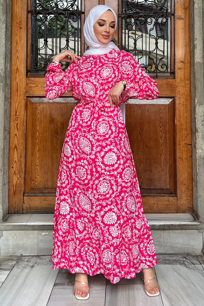 julude Fuchsia Viscose Hijab Dress - Waist Belt and Ruffle Detail