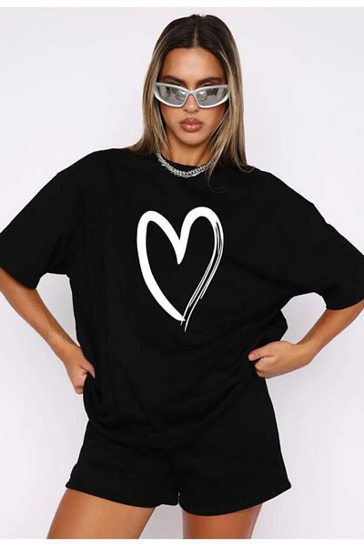 modaberry Μπλουζάκι Big Heart και σορτς - Μαύρο σορτς T-shirt στο κάτω μέρος Σετ φόρμας Oversize Crew Neck